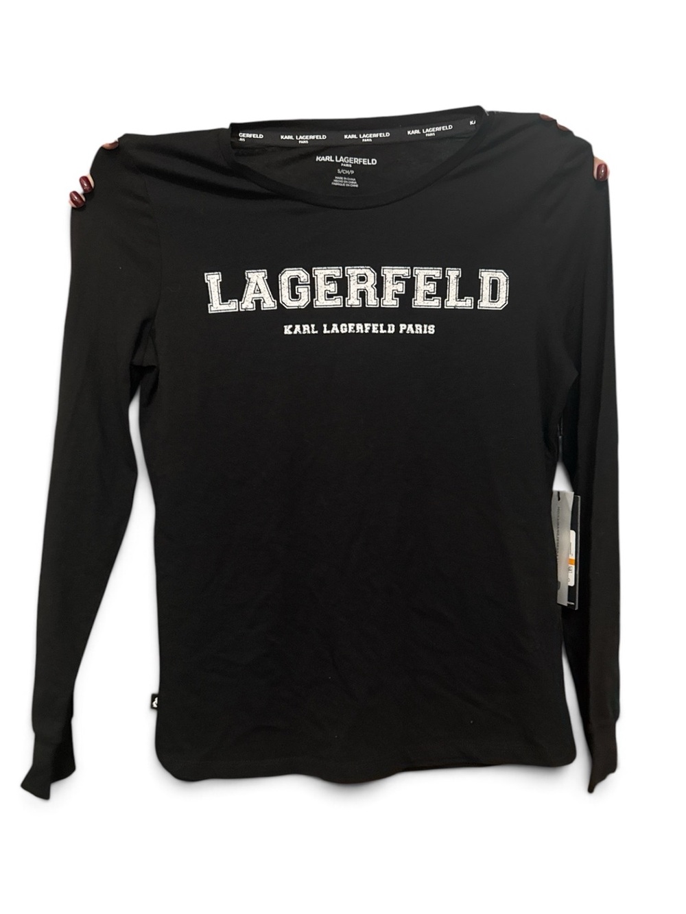 Karl Lagerfeld Black Long Sleeve Tee with White Collegiate Logo